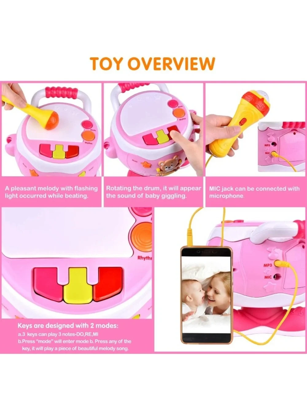 Pink Bear Musical Drum Toy with Microphone - Interactive Pink Rhythm Set